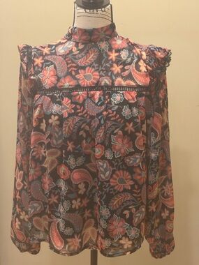 Lost + Wander NWT Sheer Floral Blouse Small Boho High Neck Statement Top